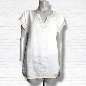 Saint Tropez West Gold Embroidered White Linen Short Sleeve Tunic Size L